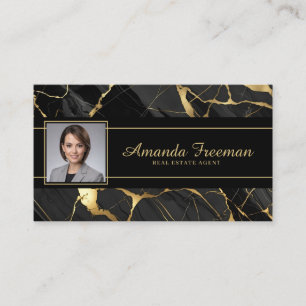 Elegant Gold & Black Marble Real Estate Agent Business Card