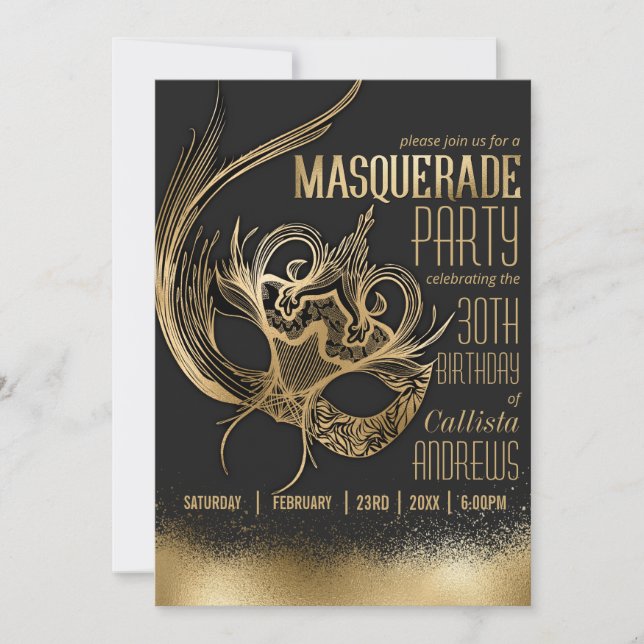 Elegant Gold Black Masquerade Mask Birthday Party Invitation (Front)