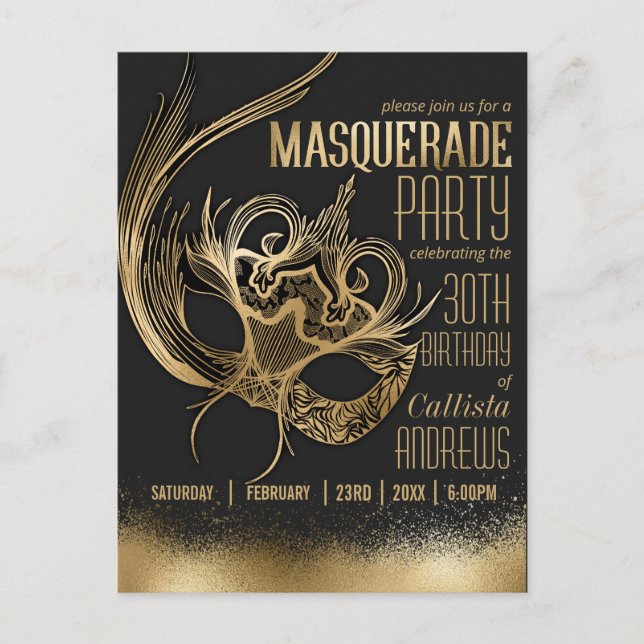 Elegant Gold Black Masquerade Mask Birthday Party Invitation Postcard (Front)
