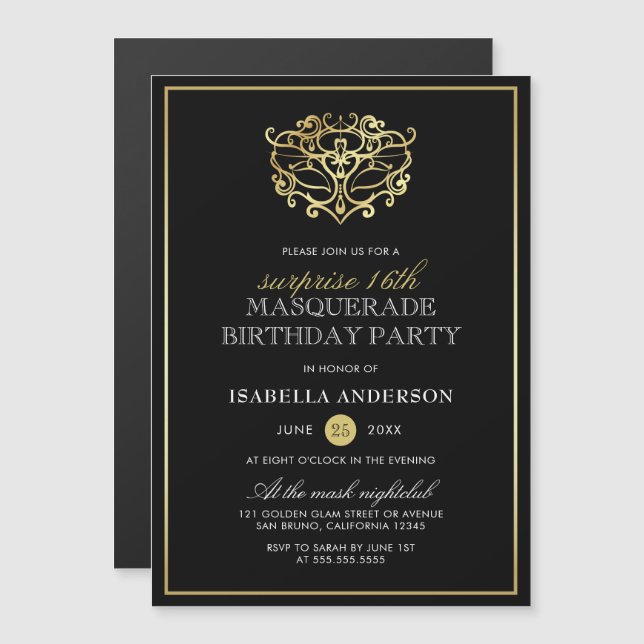 Elegant Gold & Black Masquerade Surprise Party Magnetic Invitation (Front/Back)