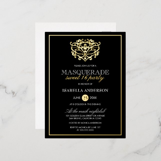Elegant Gold & Black Masquerade Sweet 16 Party Foil Invitation Postcard (Front/Back)