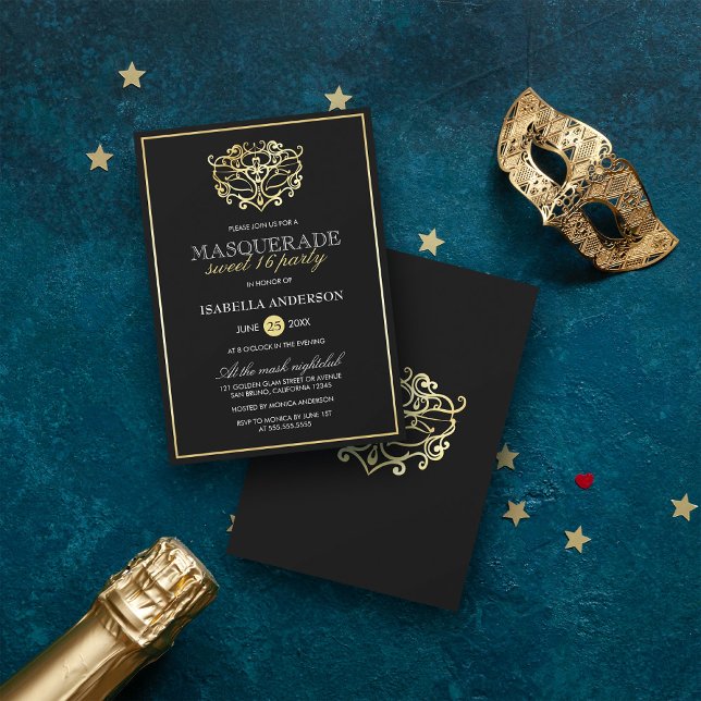 Elegant Gold & Black Masquerade Sweet 16 Party Invitation (Creator Uploaded)