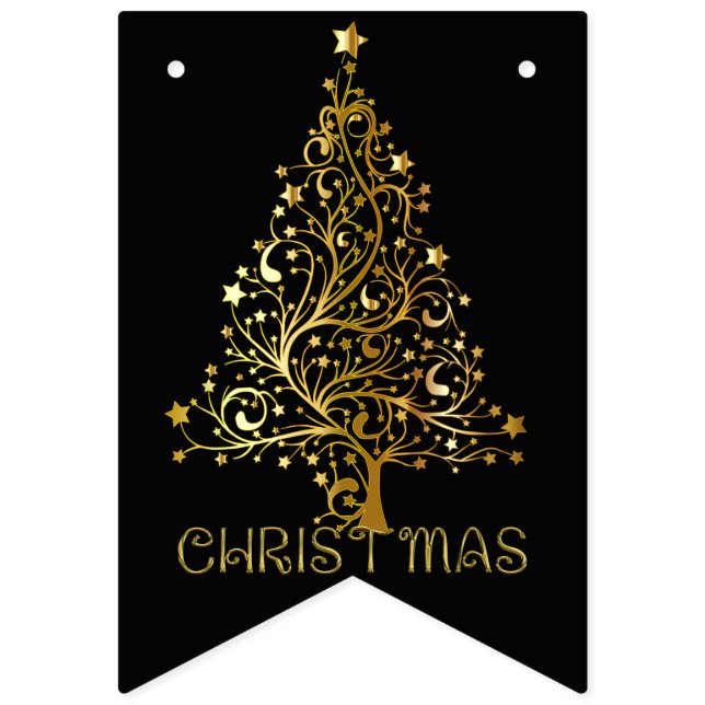 Elegant Gold Black Merry Christmas Tree Party Bunting (First Flag)