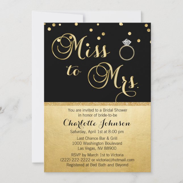 Elegant Gold Black Miss to Mrs. Bridal Shower Invitation (Front)