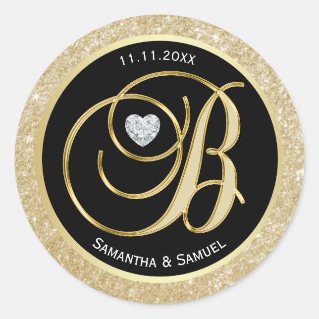 Elegant Gold Black Monogram Diamond Heart Wedding Classic Round Sticker (Front)