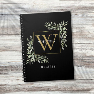 Elegant Gold Black Monogram Greenery Recipe Notebook