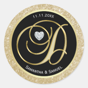 Elegant Gold Black Monogram Letter 'D' Wedding Classic Round Sticker