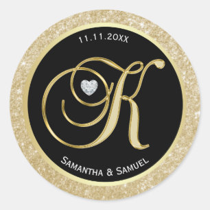 Elegant Gold Black Monogram Letter 'K' Wedding Classic Round Sticker