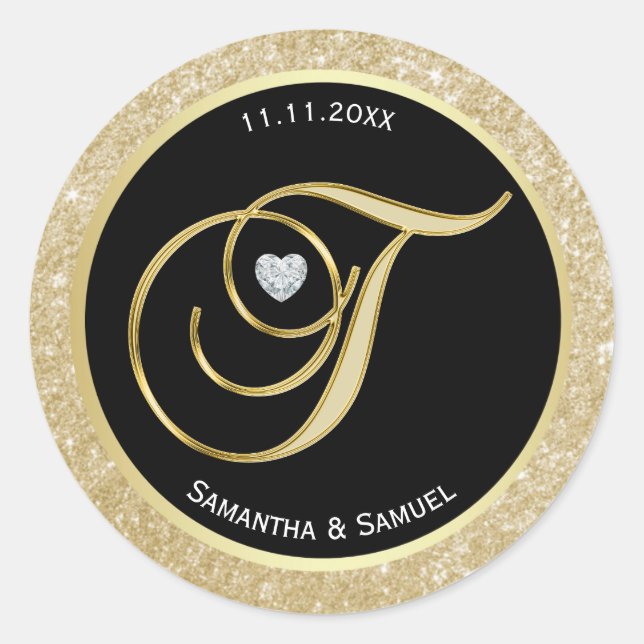 Elegant Gold Black Monogram Letter 'T' Wedding Classic Round Sticker (Front)