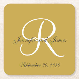 Elegant Gold Black Monogram Names Wedding Favour Square Paper Coaster