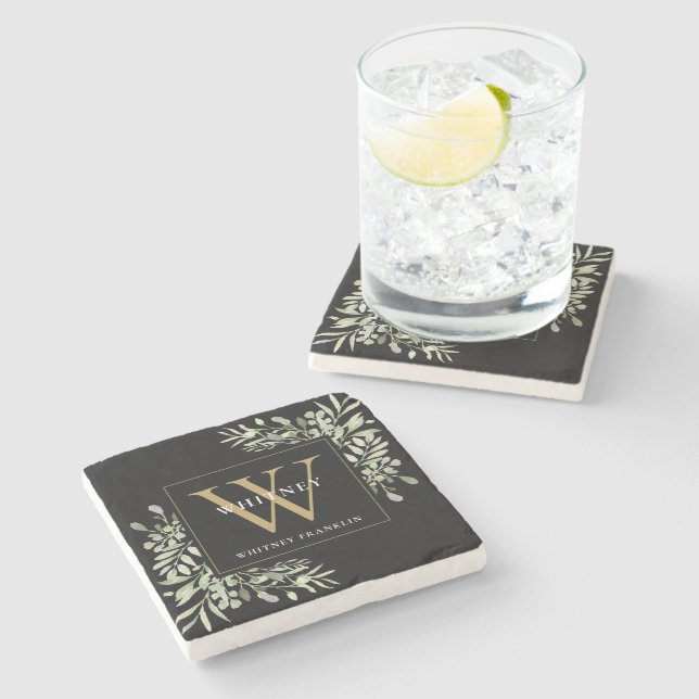 Elegant Gold Black Monogram Watercolor Greenery St Stone Coaster (Side)