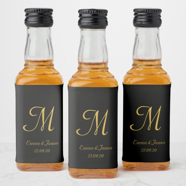 Elegant Gold & Black Monogram Wedding Favour Liquor Bottle Label (Bottles)
