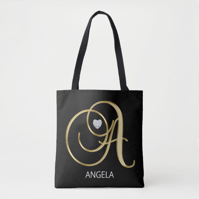 Elegant Gold Black Monogrammed Letter Initials A Tote Bag (Front)