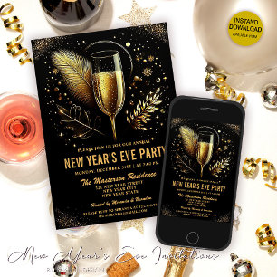 Elegant Gold Black New Year`s Eve Party Invitation