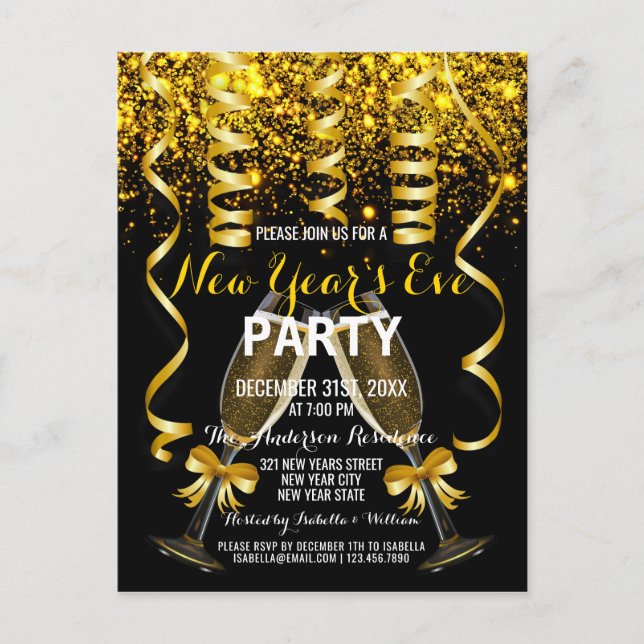 Elegant Gold Black New Year`s Eve Party Invitation Postcard (Front)