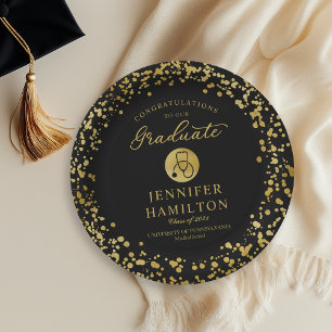 Elegant Gold Black Nurse Doctor Graduation Paper Plate