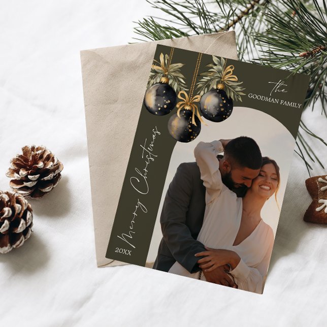 Elegant Gold Black Ornaments Arch Photo CHRISTMAS Holiday Card (ELEGANT ARCH SHAPED PHOTO CARD WITH CALLIGRAPHY ACCENT MERRY CHRISTMAS FAMILY COUPLE NEWLY WED)