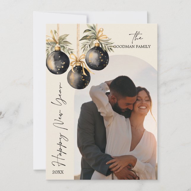 Elegant Gold Black Ornaments Arch Photo NEW YEAR Holiday Card (Front)