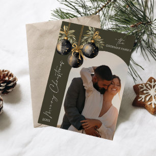 Elegant Gold Black Ornaments TWO Photo CHRISTMAS Holiday Card