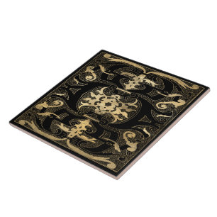 Elegant Gold Black Ornate Tile