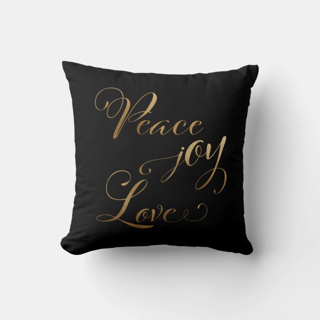 Elegant Gold Black Peace Joy Love Christmas Cushion (Front)