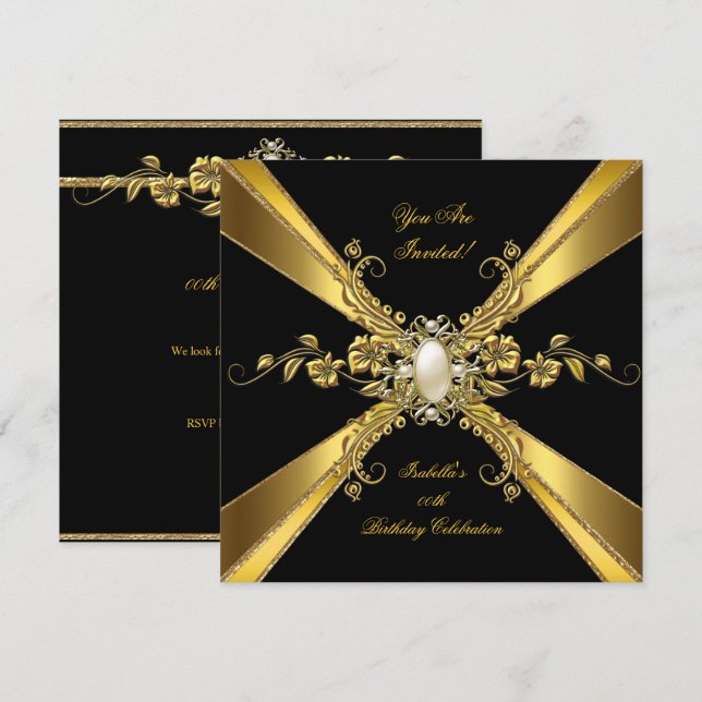 Elegant Gold Black Pearl Jewel Birthday Party 2 Invitation (Front/Back)