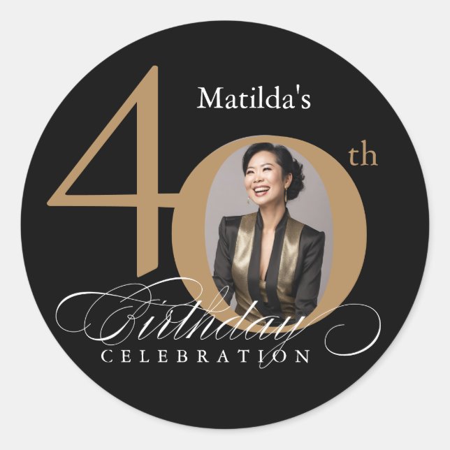 Elegant Gold Black Photo 40th Birthday Classic Round Sticker (Front)