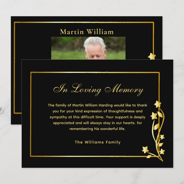 Elegant Gold & Black Photo Funeral Thank You Card (Front/Back)