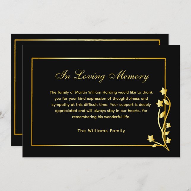 Elegant Gold & Black Photo Funeral Thank You Card (Front/Back)
