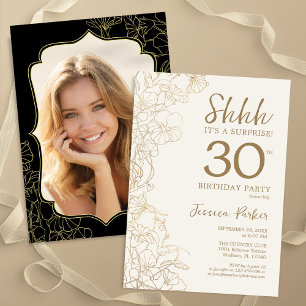 Elegant Gold Black Photo Surprise 30th Birthday Invitation
