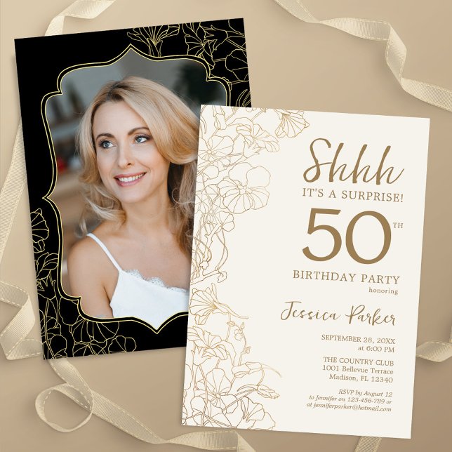 Elegant Gold Black Photo Surprise 50th Birthday Invitation (Creator Uploaded)