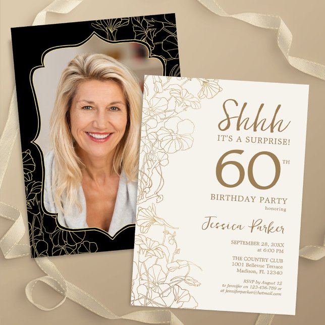 Elegant Gold Black Photo Surprise 60th Birthday Invitation (Creator Uploaded)