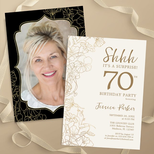 Elegant Gold Black Photo Surprise 70th Birthday Invitation (Creator Uploaded)