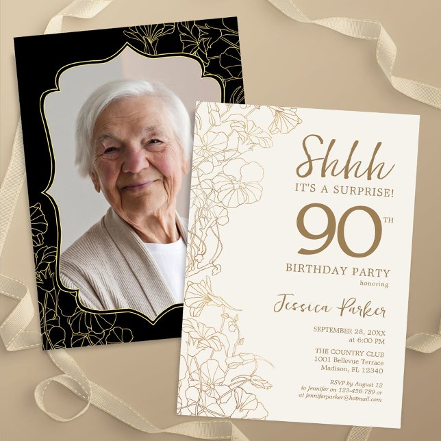 Elegant Gold Black Photo Surprise 90th Birthday Invitation (Creator Uploaded)