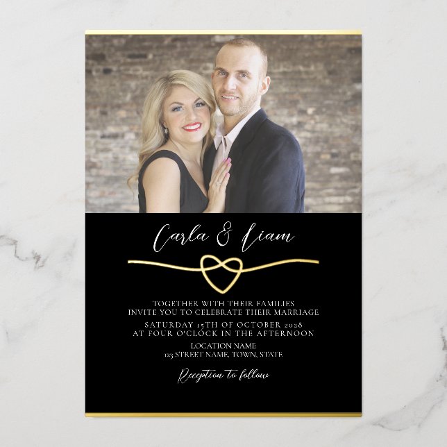 Elegant Gold Black Photo Wedding Foil Invitation (Front)