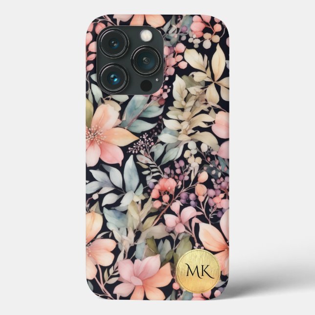 Elegant Gold Black Pink Floral Watercolor Monogram Case-Mate iPhone Case (Back)