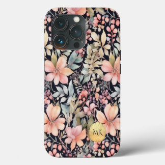 Elegant Gold Black Pink Floral Watercolor Monogram iPhone 13 Pro Case