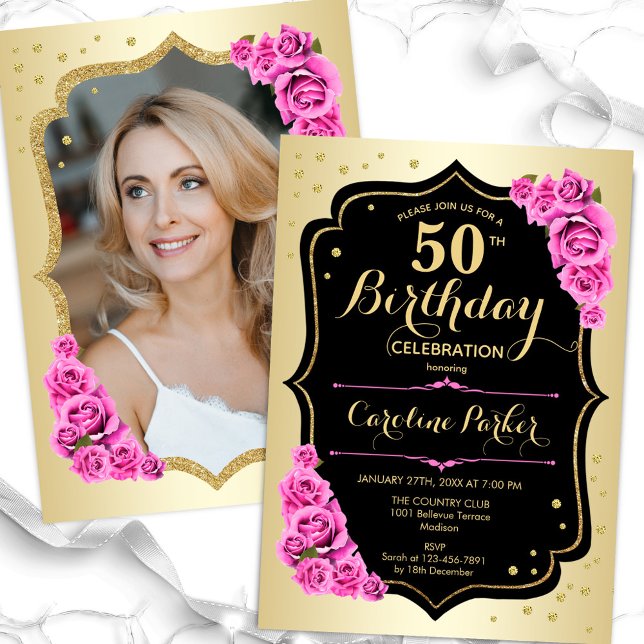 Elegant Gold Black Pink Photo 50th Birthday Invitation (Creator Uploaded)