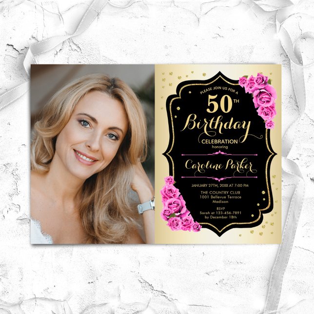 Elegant Gold Black Pink Roses Photo 50th Birthday Invitation (Creator Uploaded)