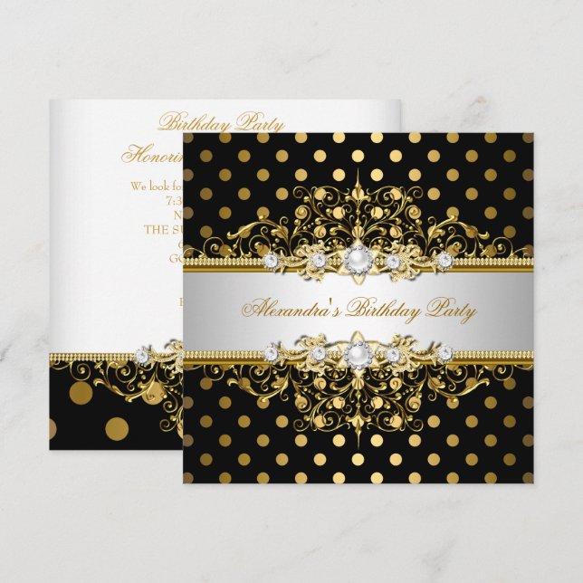 Elegant Gold Black Polka Dots Birthday Party Invitation (Front/Back)