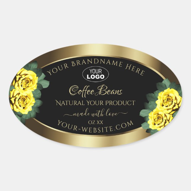 Elegant Gold Black Product Label Yellow Roses Logo (Front)