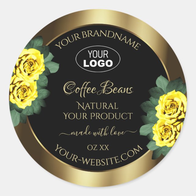 Elegant Gold Black Product Label Yellow Roses Logo (Front)