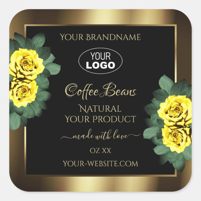 Elegant Gold Black Product Label Yellow Roses Logo (Front)