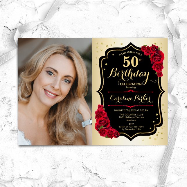 Elegant Gold Black Red Roses Photo 50th Birthday Invitation (Creator Uploaded)