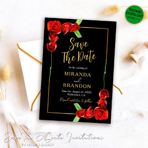 Elegant Gold Black Red Roses Wedding Save The Date Invitation
