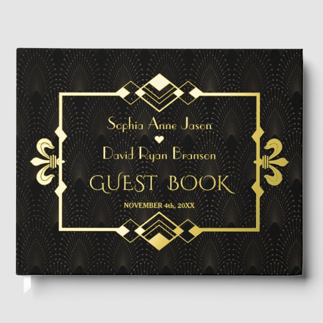 Elegant Gold Black Roaring 20's Art Deco Wedding Guest Book (Front)