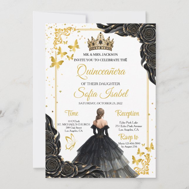 Elegant Gold Black Royal Quinceañera Invite (Front)