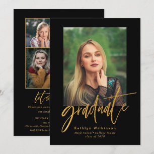 Elegant Gold Black Script 5 Photo Collage Grad Invitation