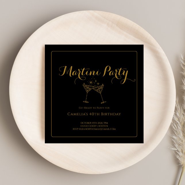 Elegant Gold & Black Script Martini Drinks Adult Invitation (Creator Uploaded)