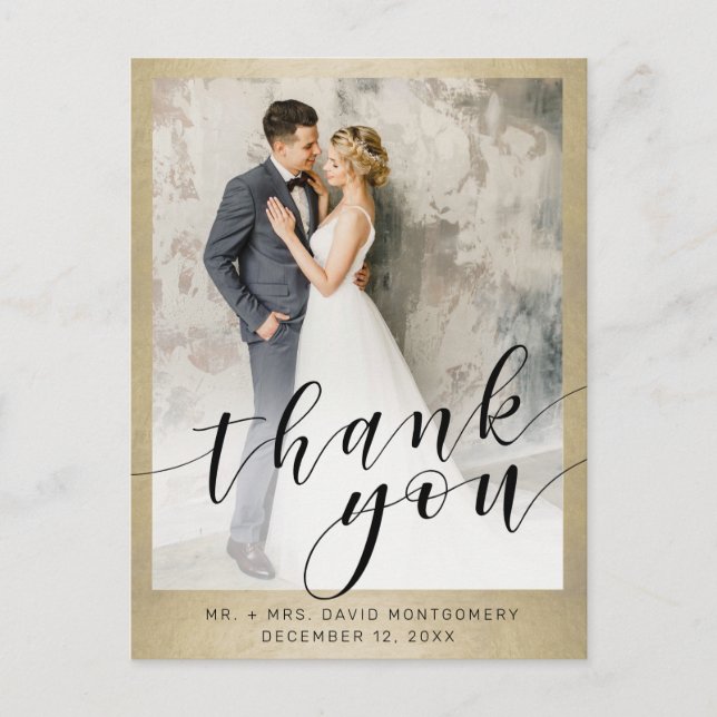 Elegant Gold Black Script Wedding Photo Thank You Postcard (Front)